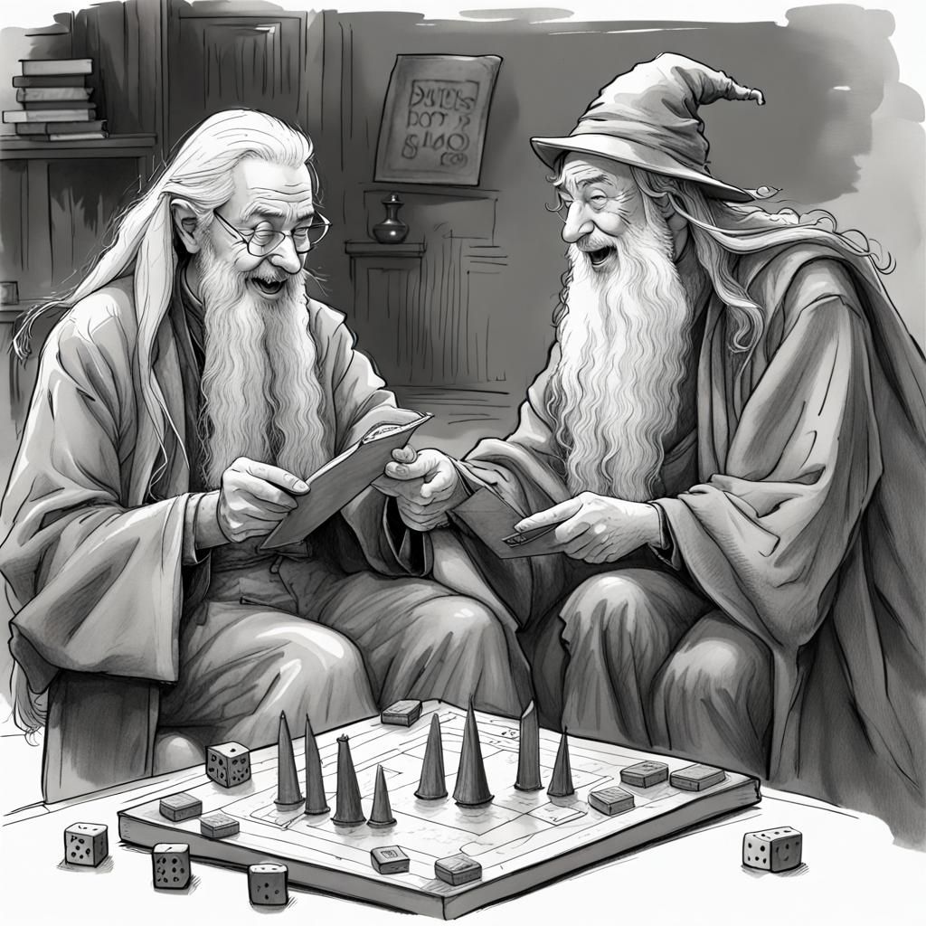 Dumbledore and Gandalf playing Board games, laughing, sketch