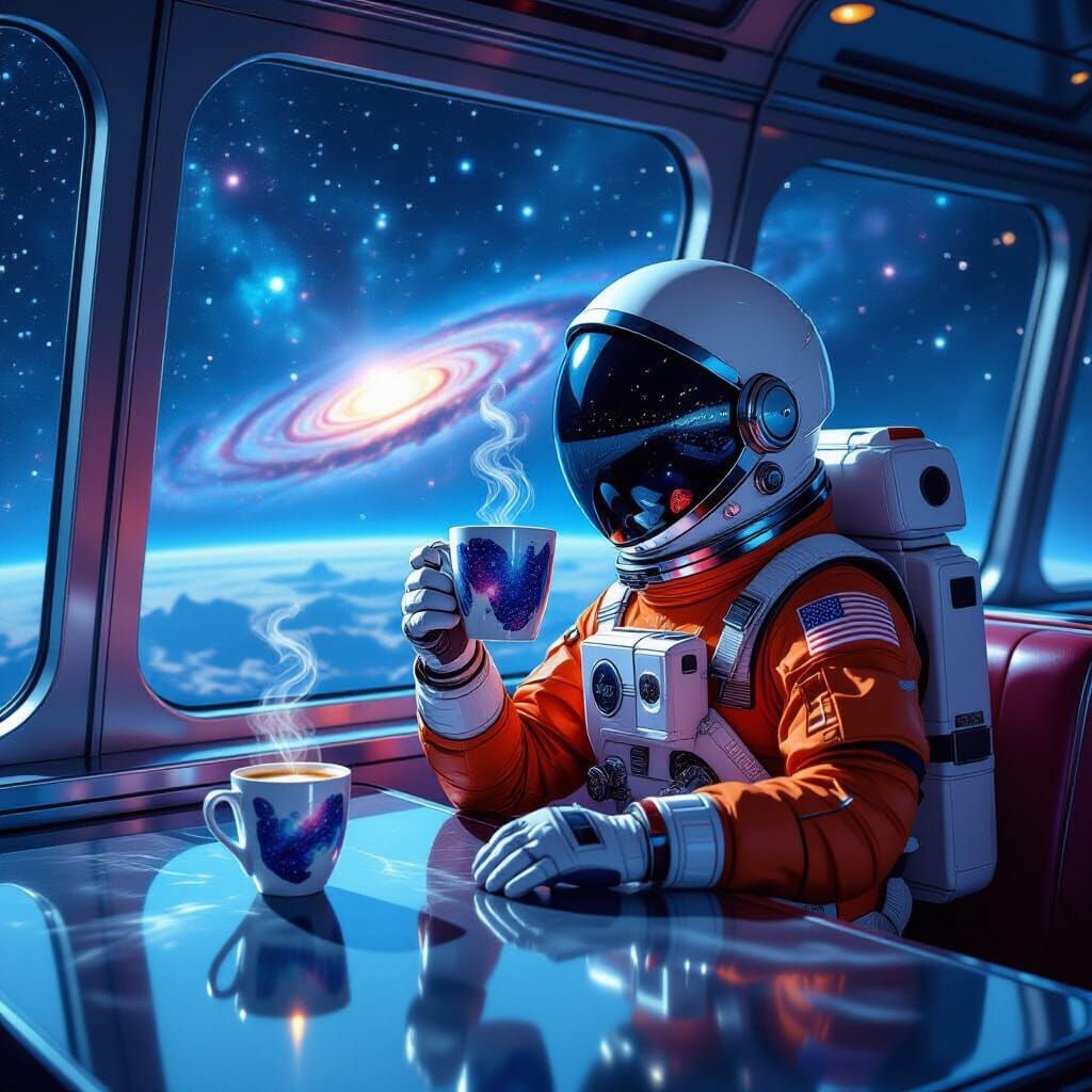 Astronaut Enjoys Nebula Coffee in Zero-G Diner