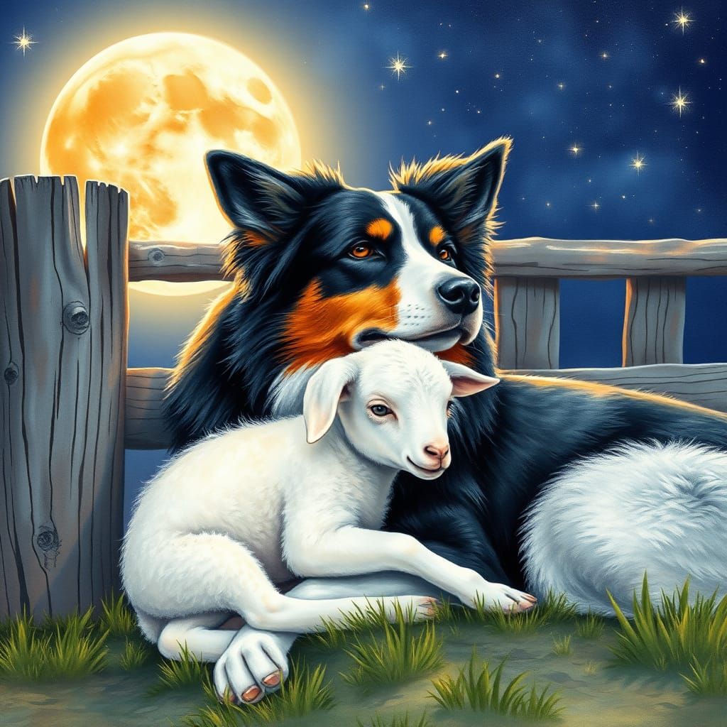 Border Collie and Lamb in Watercolor Fantasy