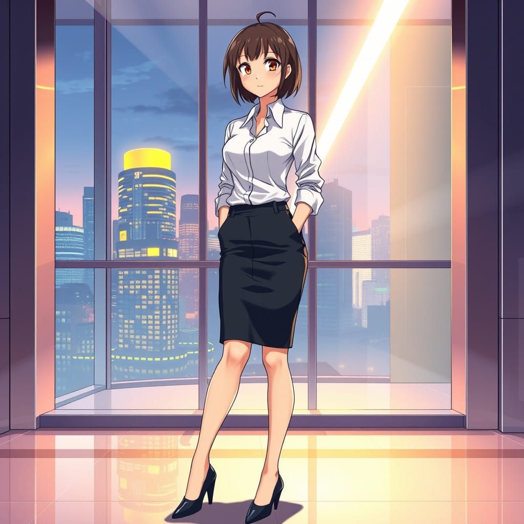Confident Office Lady in Futuristic Cityscape