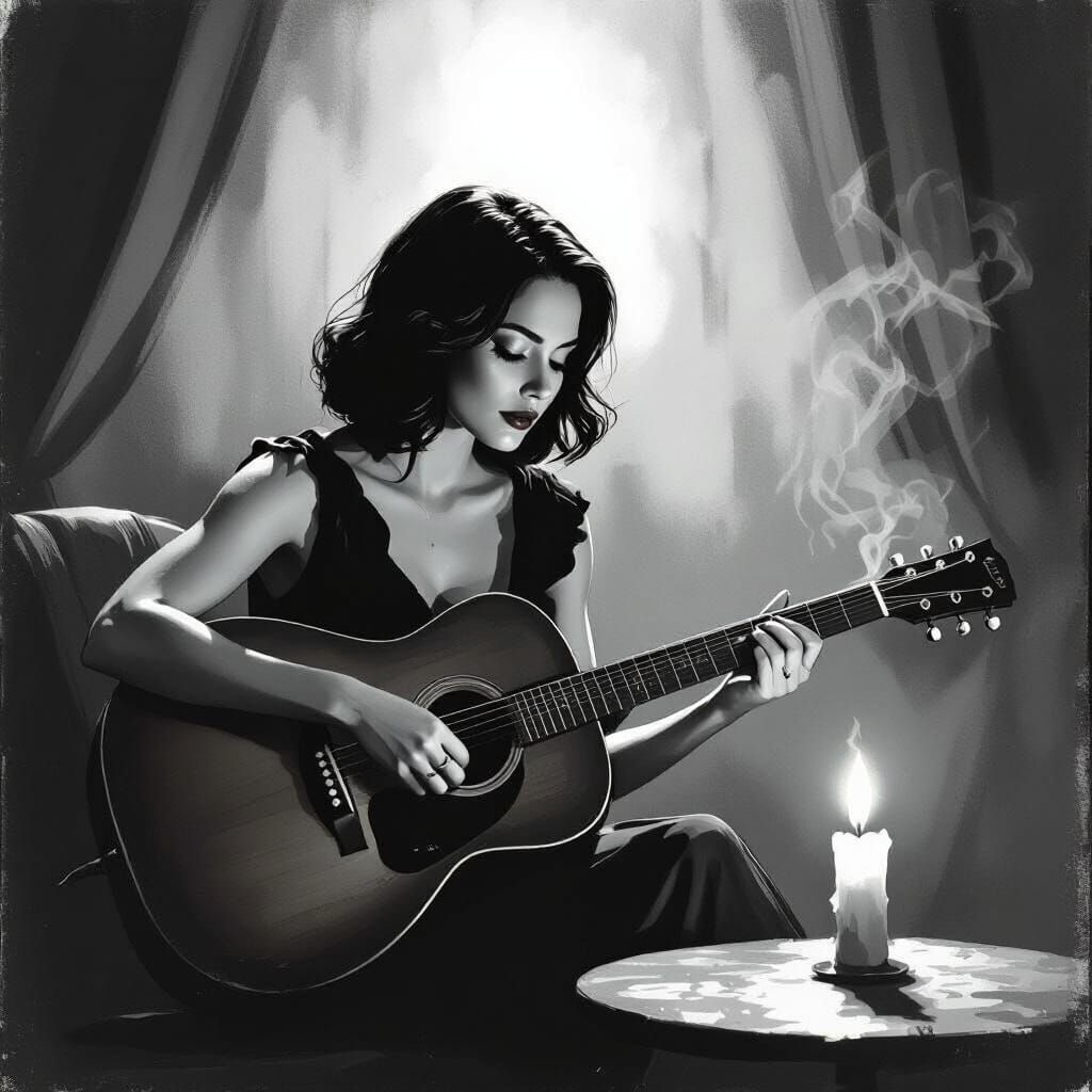 Woman with Guitar in Smoky Jazz Club
