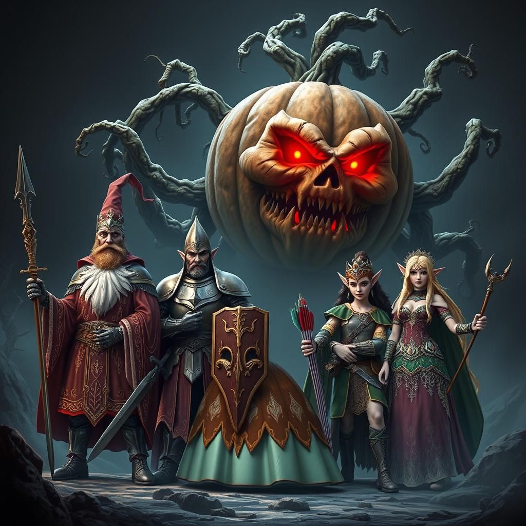Wizard, Knight, and Elf Battle Pumpkin Zombie in Anime Style