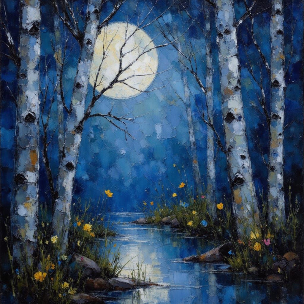 Full Moon Through Birch Trees, Klimt Style