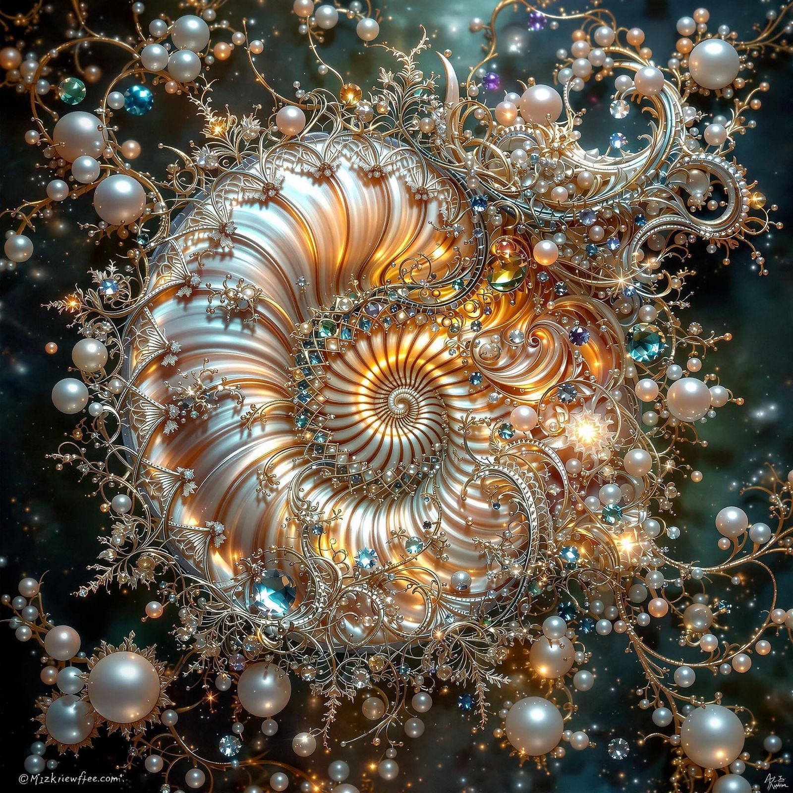 Luminescent Pearl Nautilus Seashell with Fractal Details