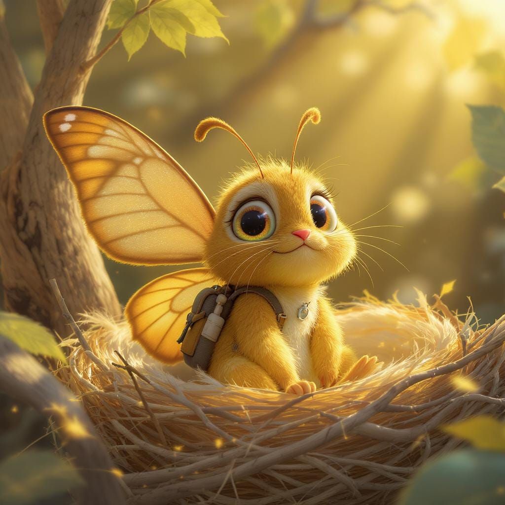 Whimsical Butterfly in Bird's Nest, Pixar Style