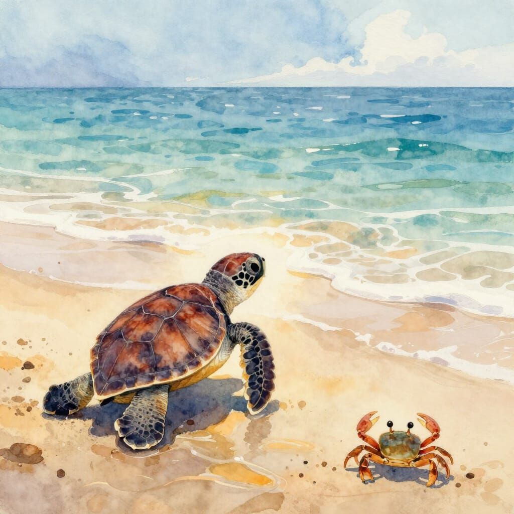 Baby Turtle and Crab by Ocean Shore in Watercolor Style