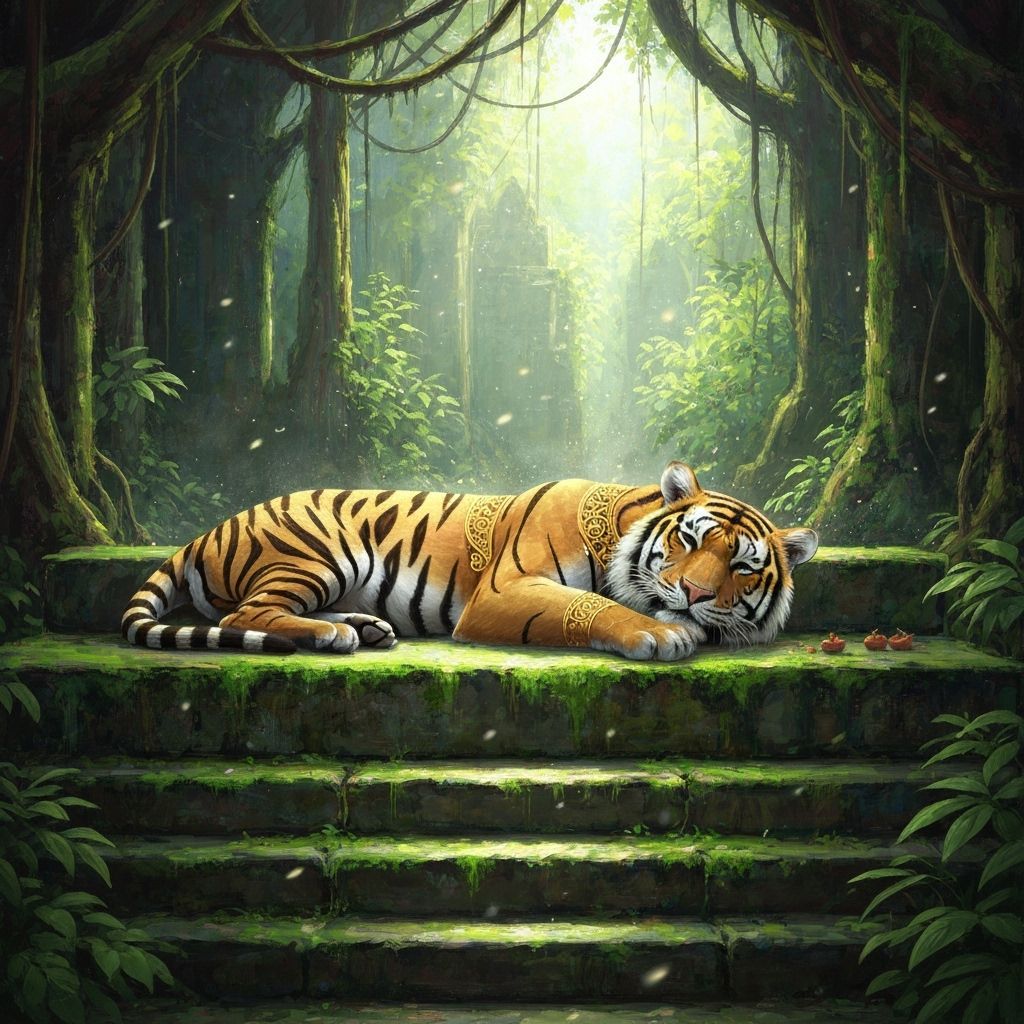 Tiger Napping in Jungle Temple, Post-Impressionist Style