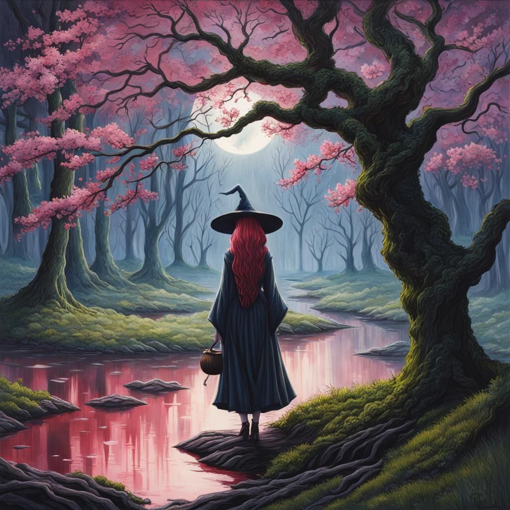Moss Hat Witch in Rainy Cherry Blossom Swamp