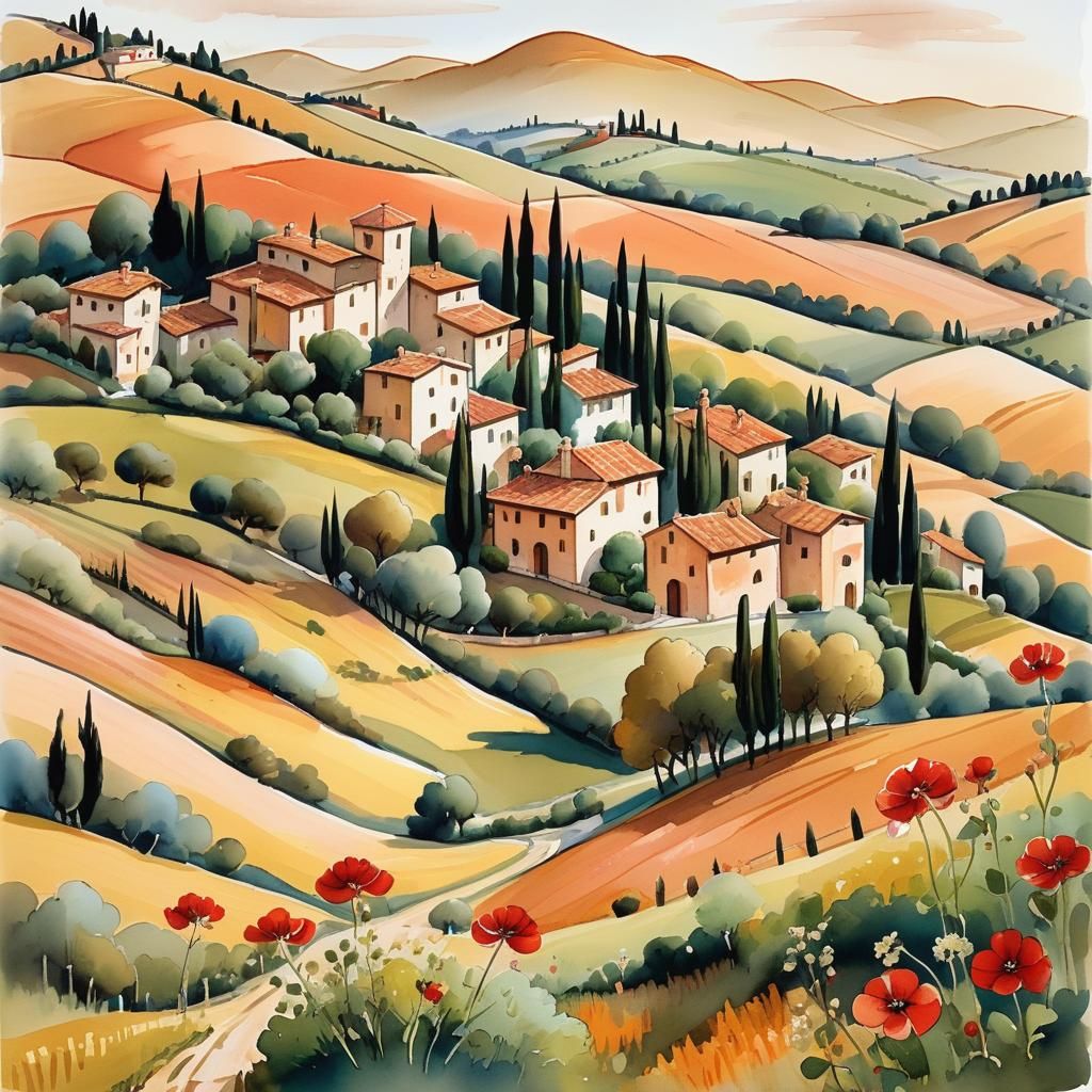 Tuscan Countryside Watercolor Illustration with Poplar Trees