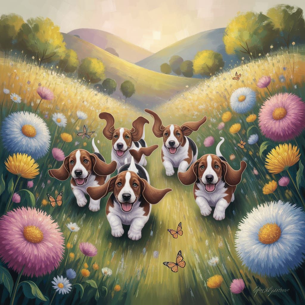Basset Hound Puppies in Impressionistic Meadow Oil Painting