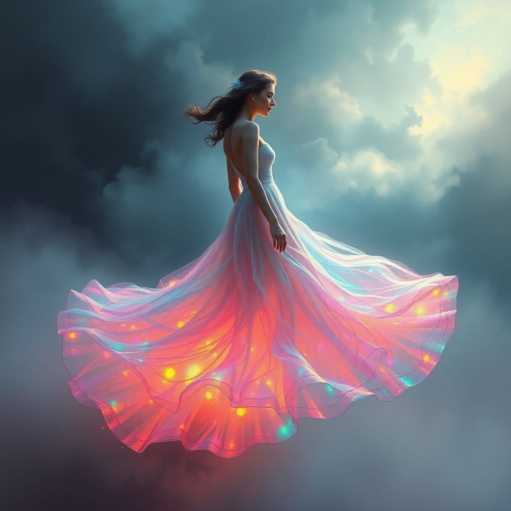 Woman in Iridescent Gown of Fluorescent Soap Bubbles