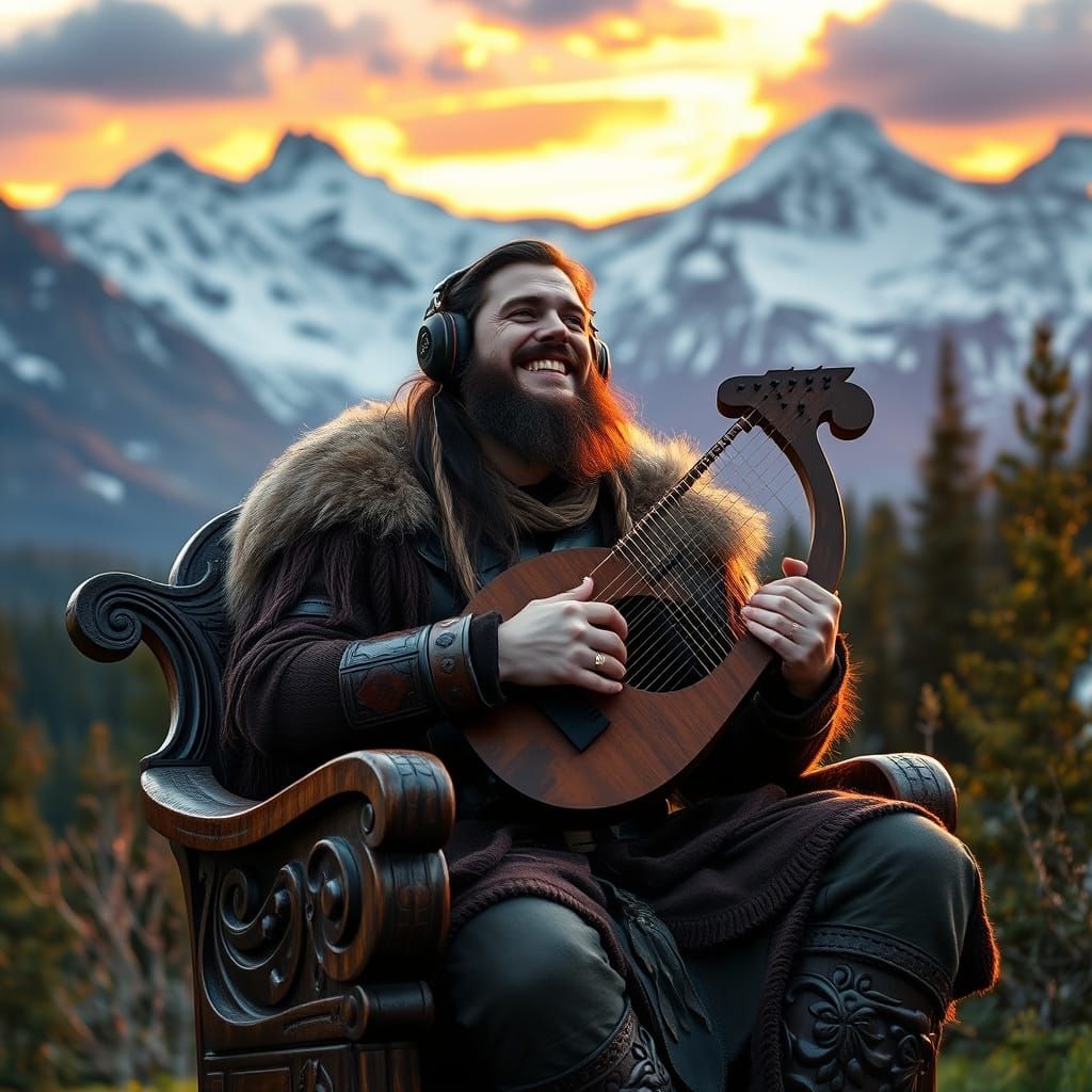 Viking King Listens to Music in Lush Forest