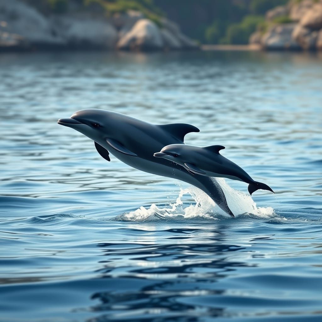Dolphins Leaping: Mother and Baby in Photorealistic Style