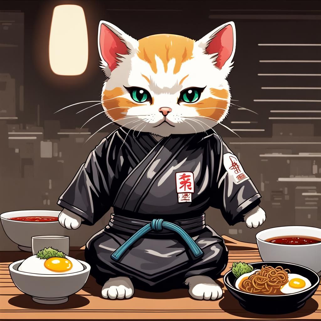 Cyberpunk Kitten Ready for Judo and Ramen