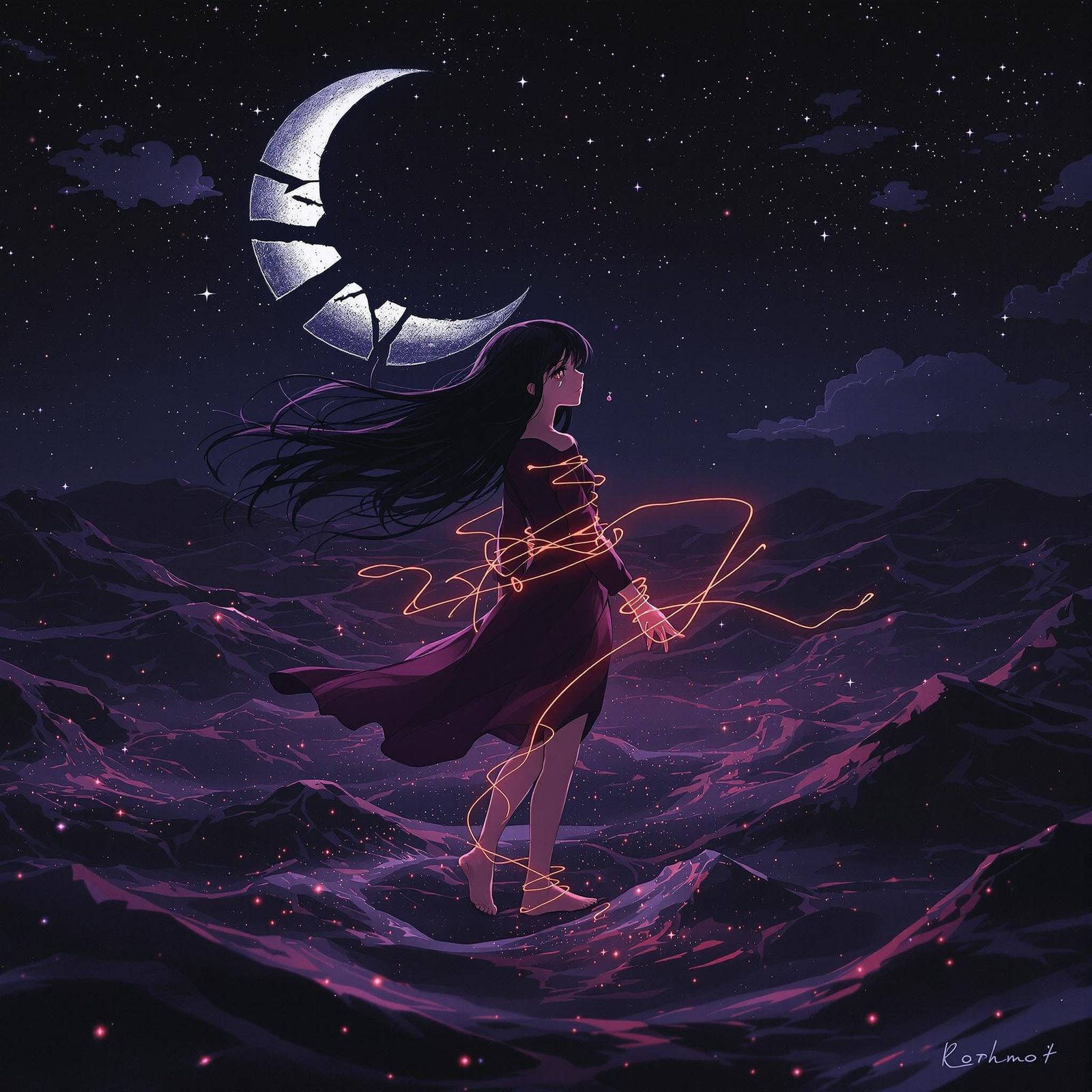 Girl in Dark Ocean Under Starry Sky: Anime-Inspired 3D Art