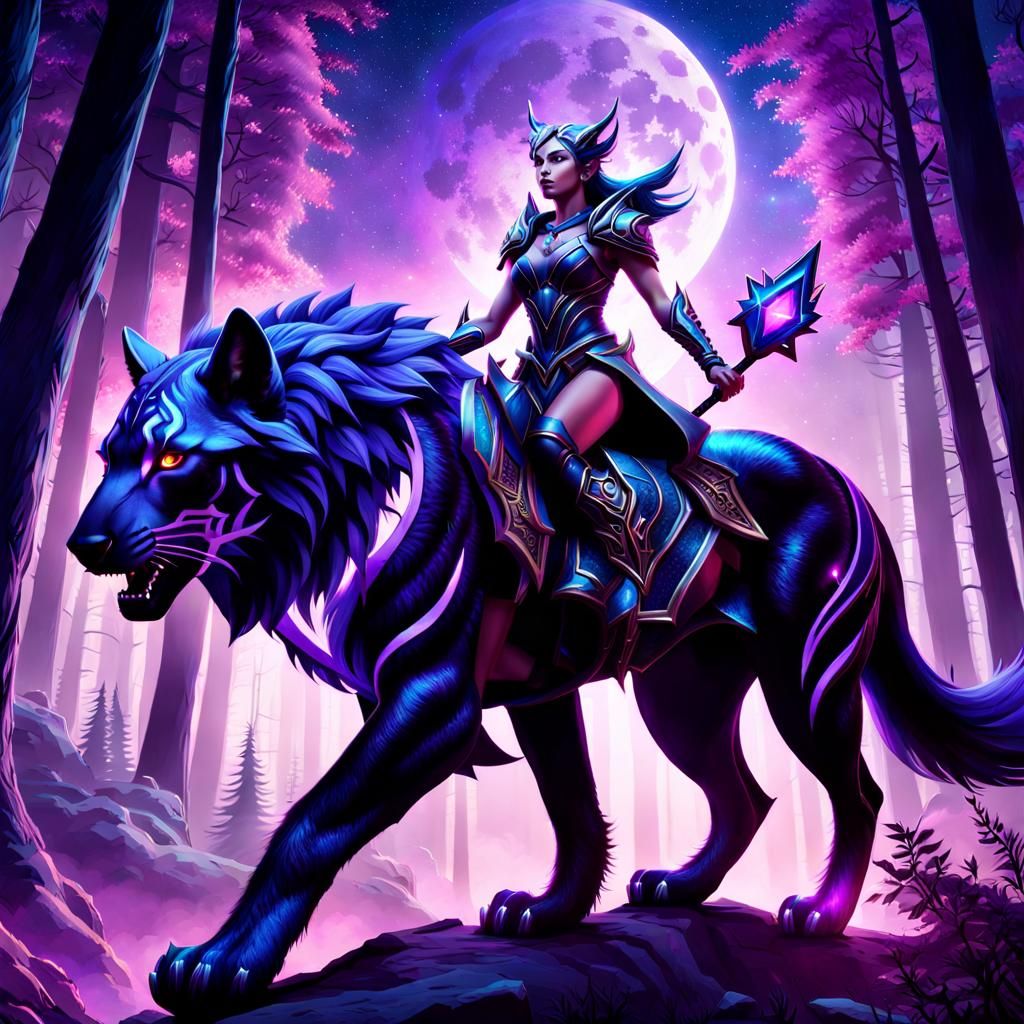 Night Elf Rides Light Elemental Creature in Bioluminescent F...