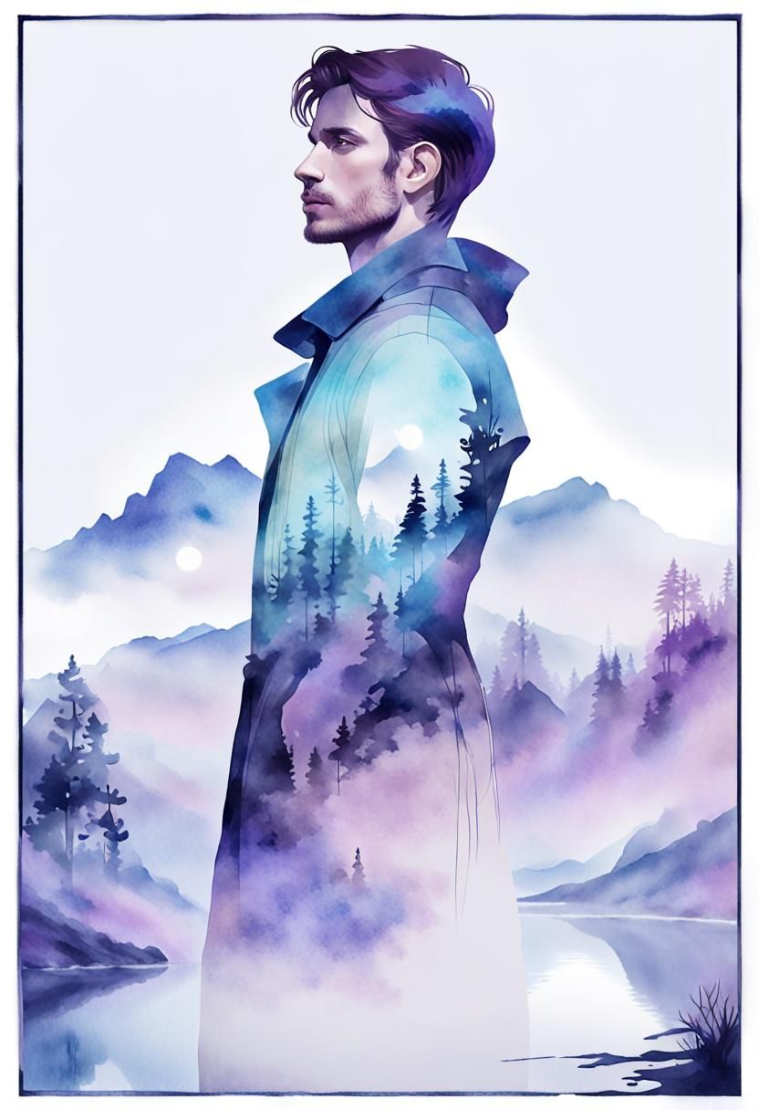 Ethereal Double Exposure Portrait in Watercolor Style