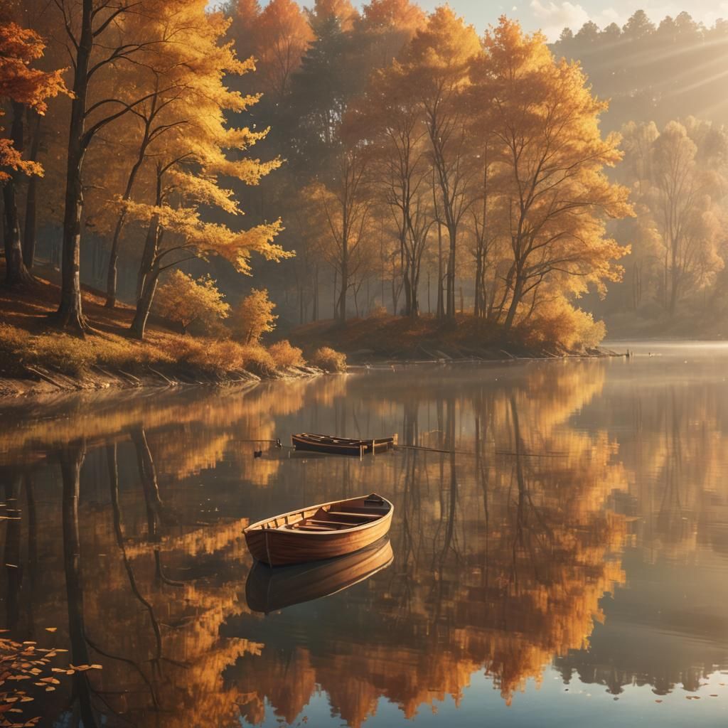 Autumn Lake Landscape with Boat in Golden Light