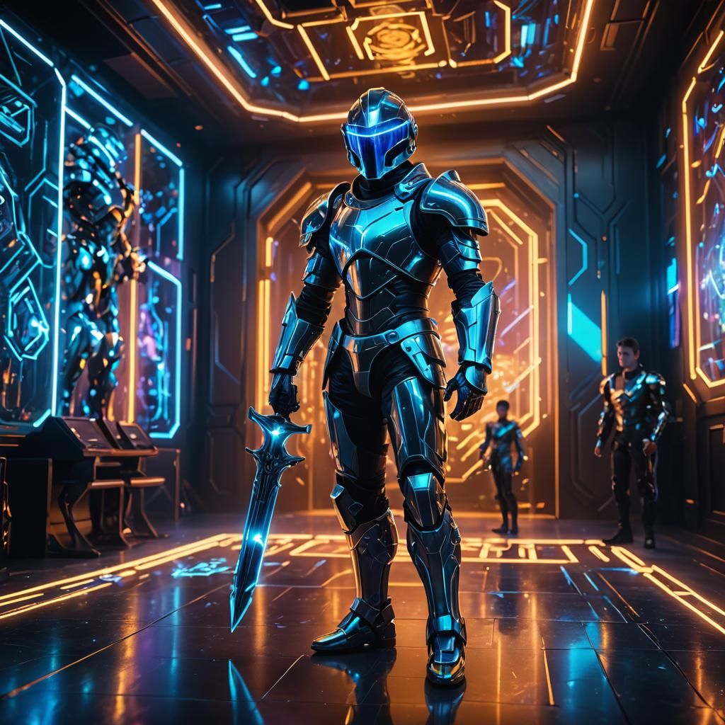 Surreal Futuristic Boy Plays with Glowing Holographic Knight