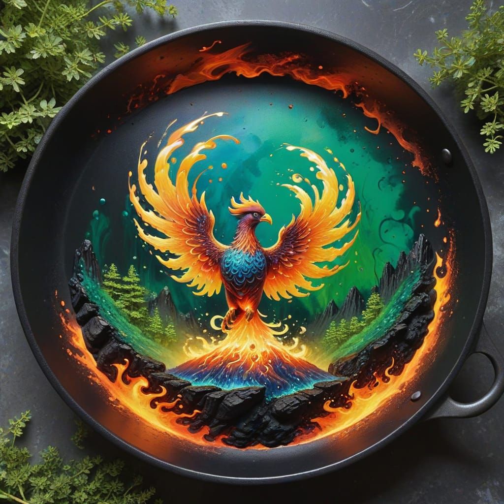 A rocky stone phoenix rising from the flames embedded in a s...