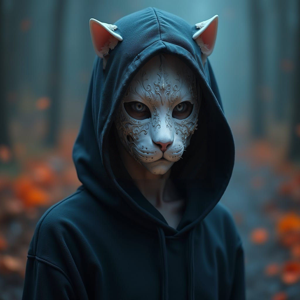 Mysterious Figure in a White Cat Mask