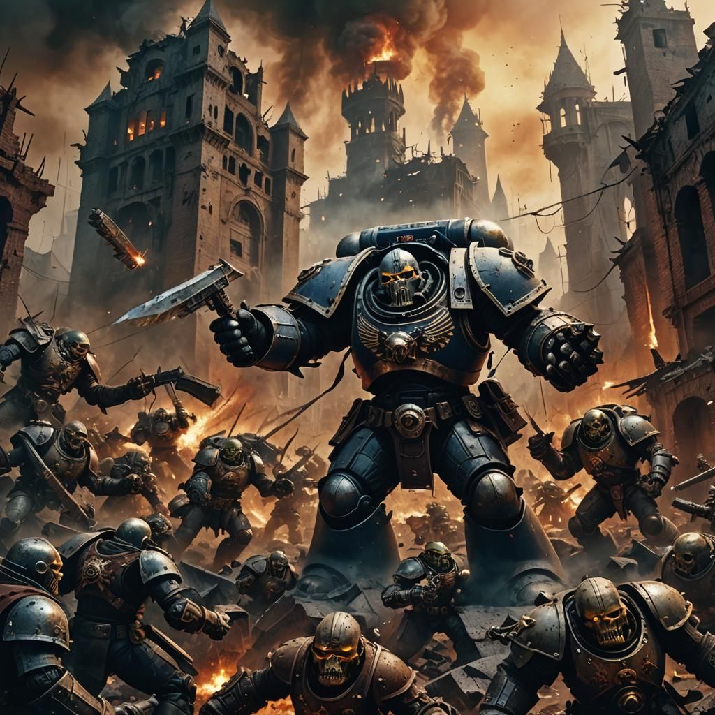 War-Torn Ruins: Space Marine Battles Orks in Dark Fantasy Ep...