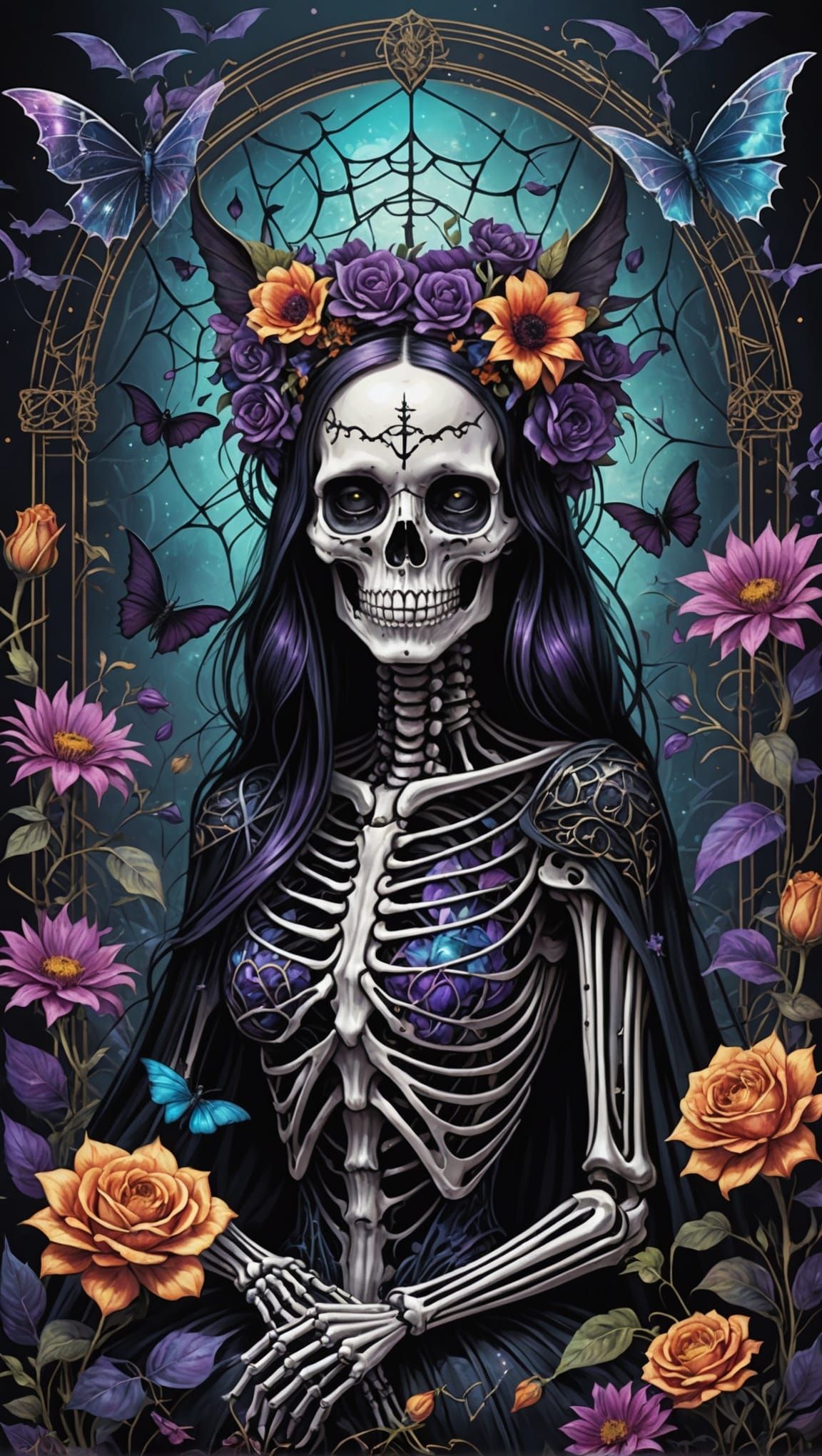 Gothic Skeleton in Holographic Astral Illustration