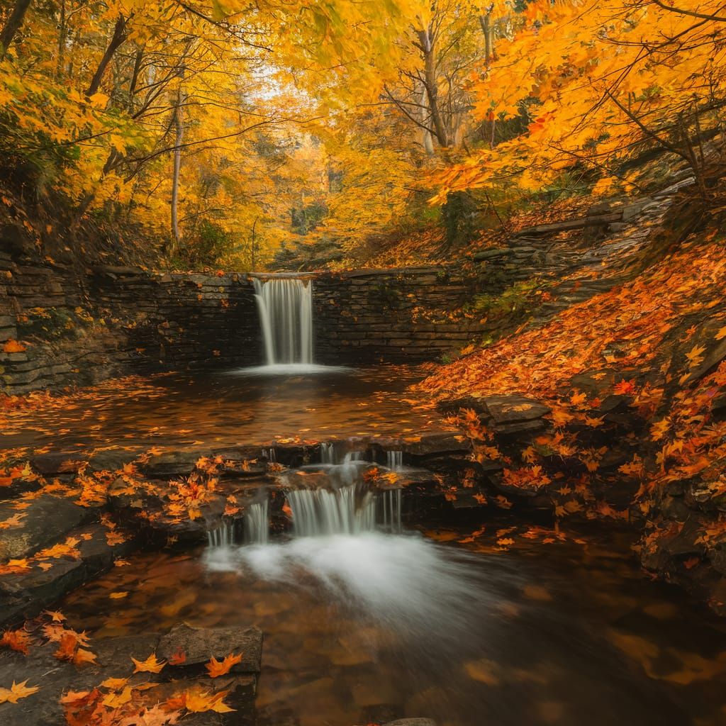 Hidden Waterfall Amidst Glowing Autumn Leaves