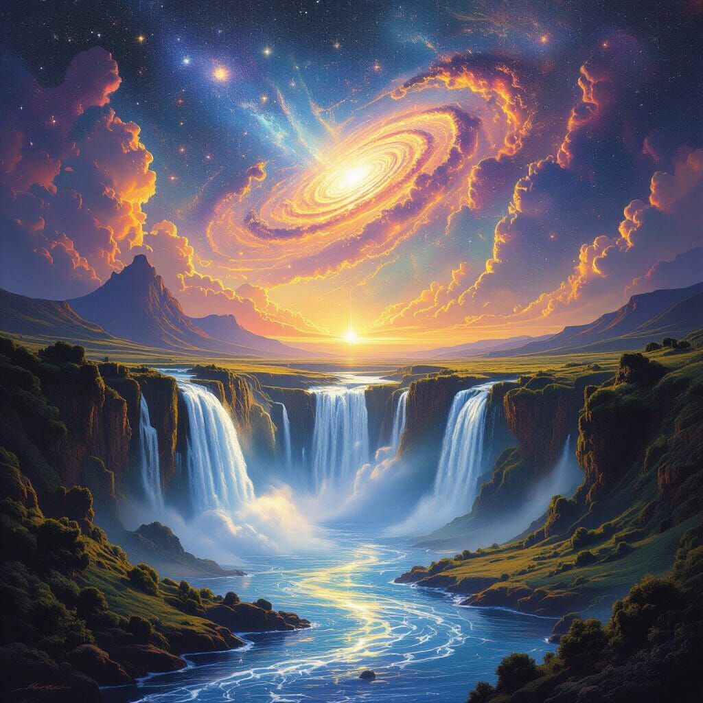 Divine Valley Journey Under Cosmic Starry Sky