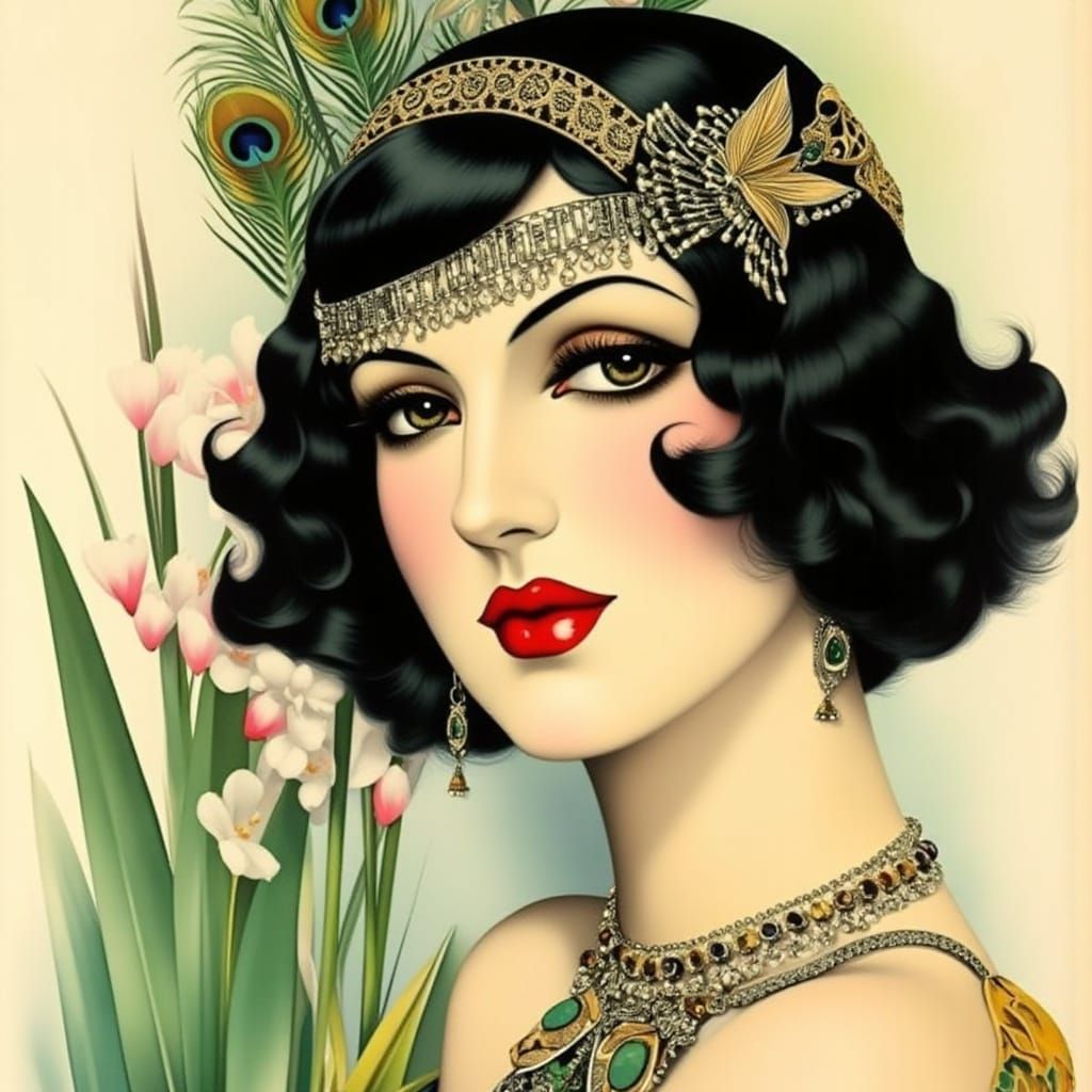 Elegant Flapper Woman in Art Deco Style with Peacock Feather...