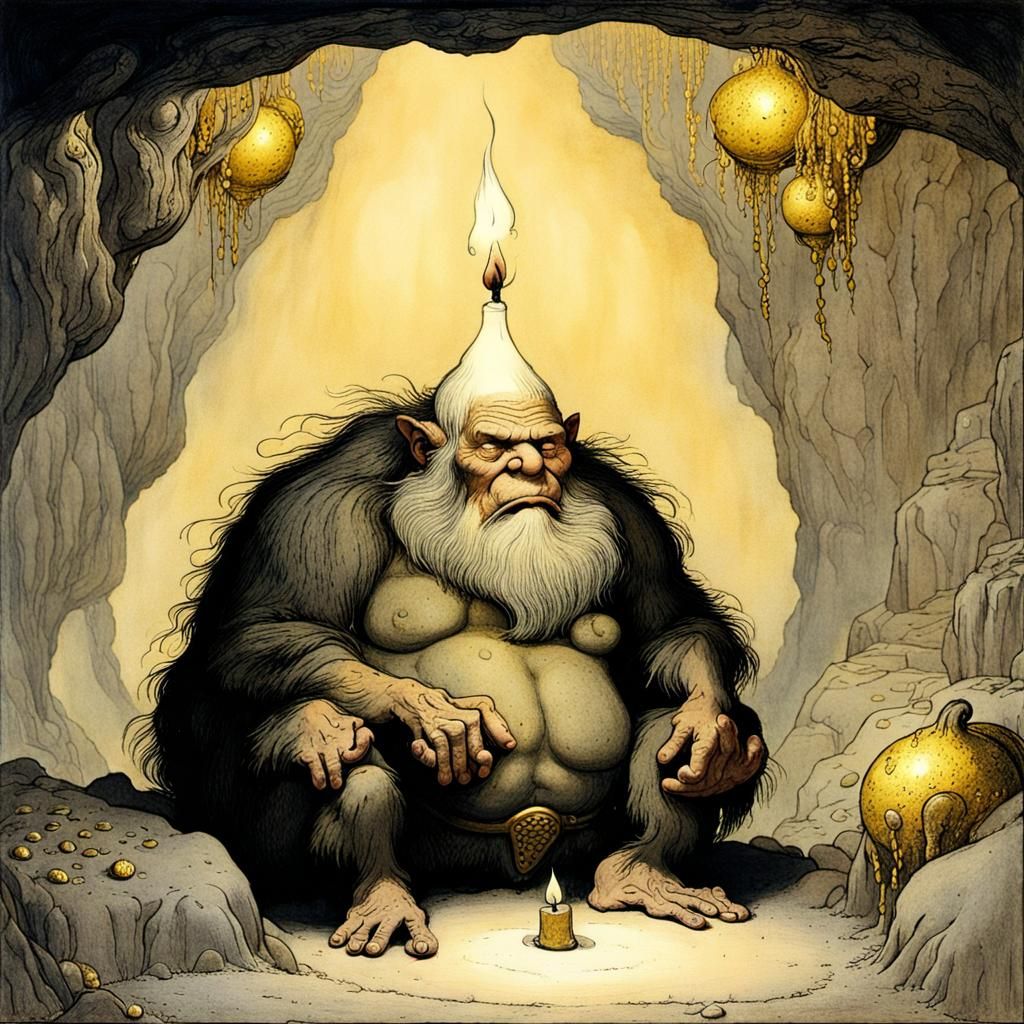 Troll Guarding Gold Pile, Fairy Tale Illustration