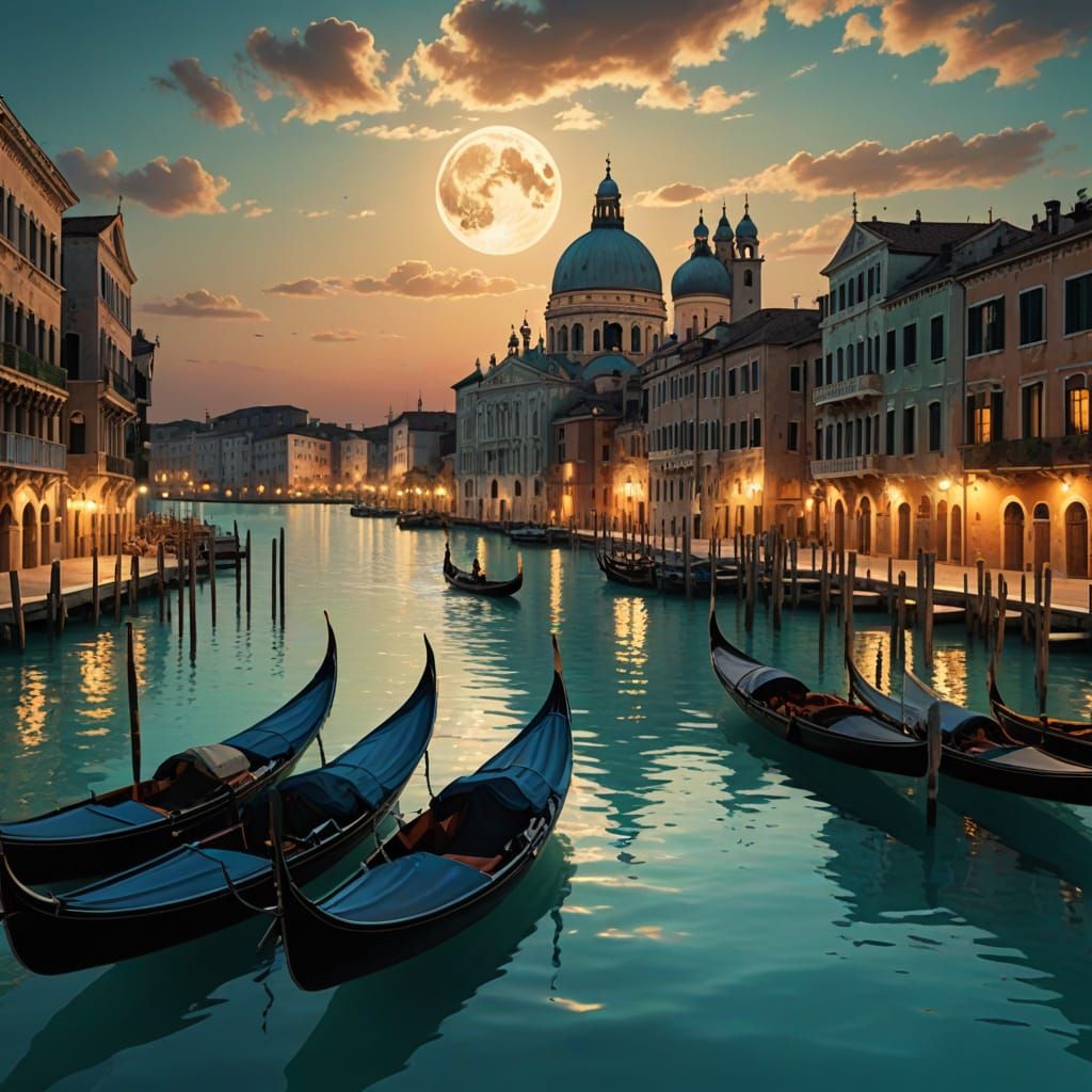 Venetian Canal Scene with Glowing Moon in Renaissance Style