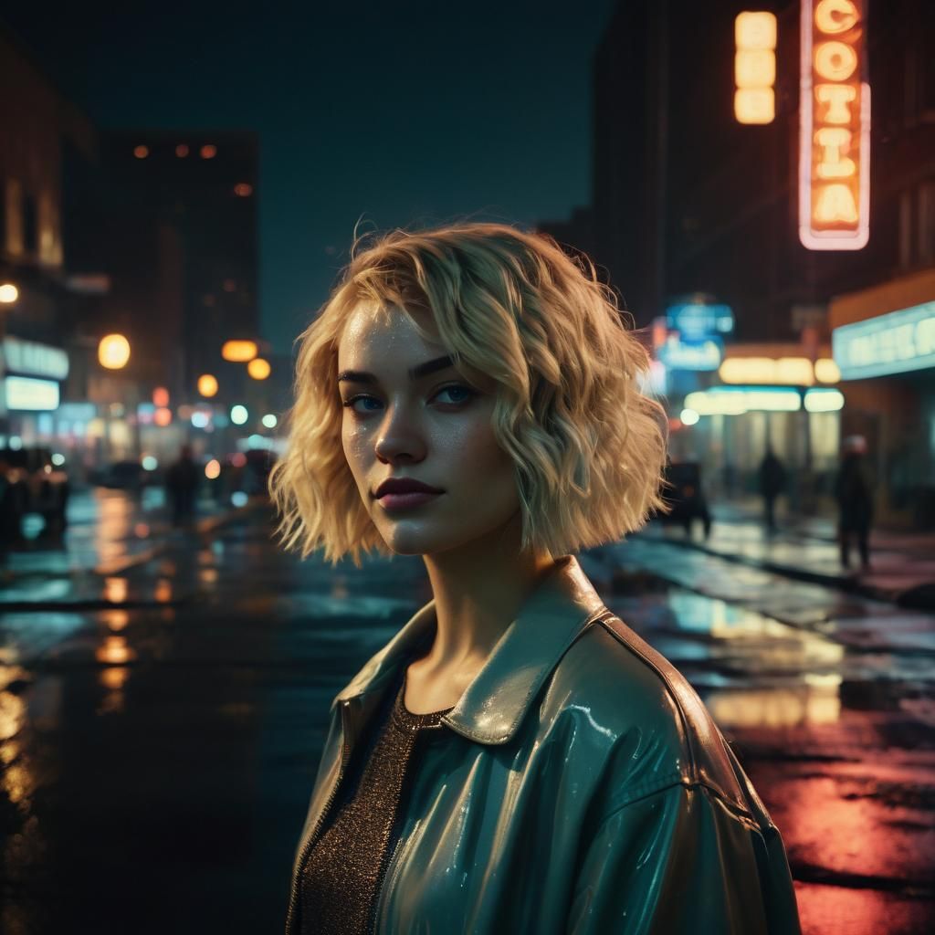 Blonde Woman with Bob Haircut in Nighttime Detroit