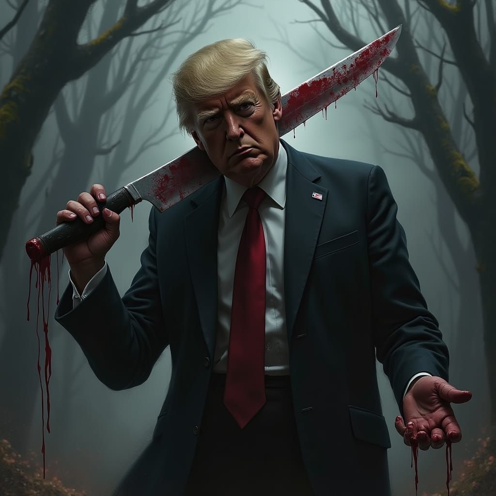 Menacing Trump Figure with Bloody Knife in Horror Style