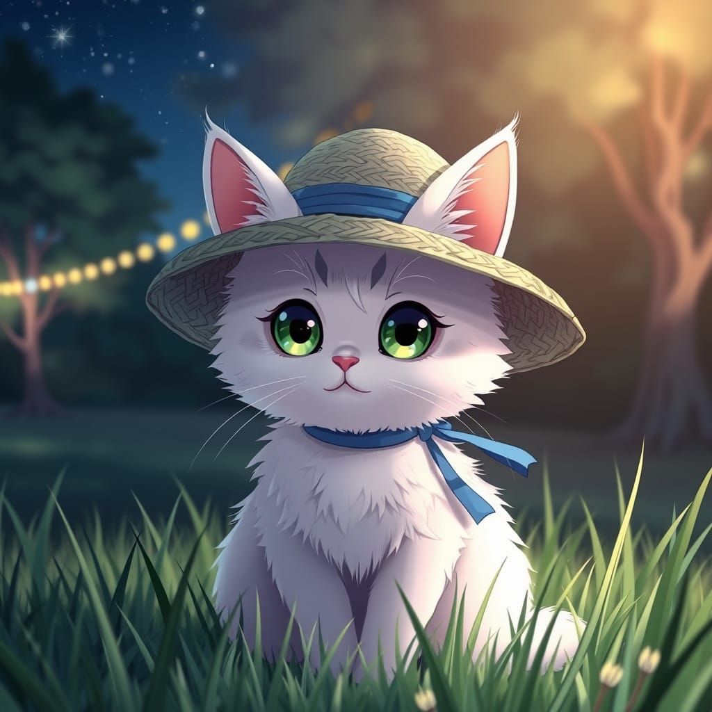Anime-Style Cat Wears Blue Hat in Moonlit Nature Scene