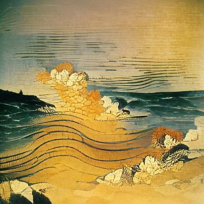 Hokusai-Inspired Waves Crashing at Golden Hour