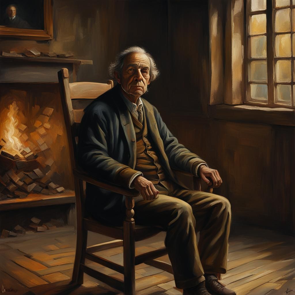 Introspective Man in Oil Painting with Rembrandt Lighting