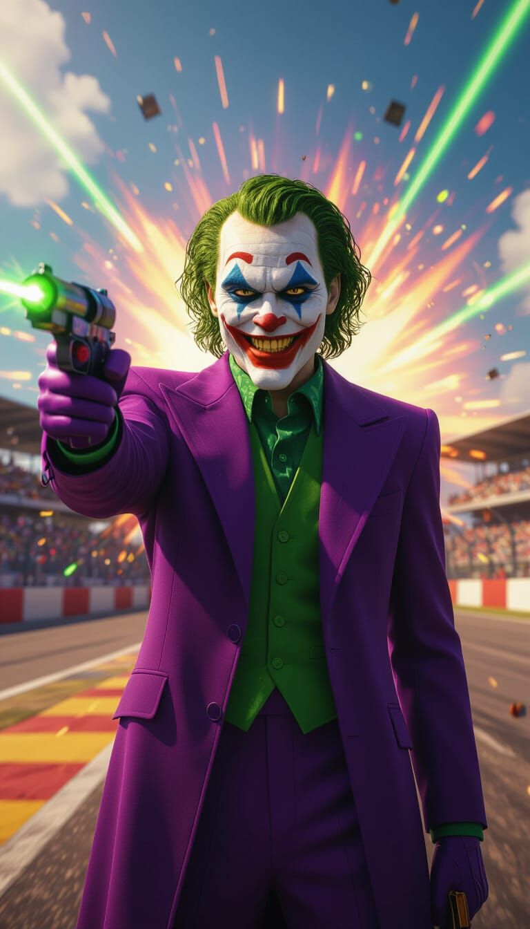 The Joker with Laser Toy Gun on Race Track in Pixar Style