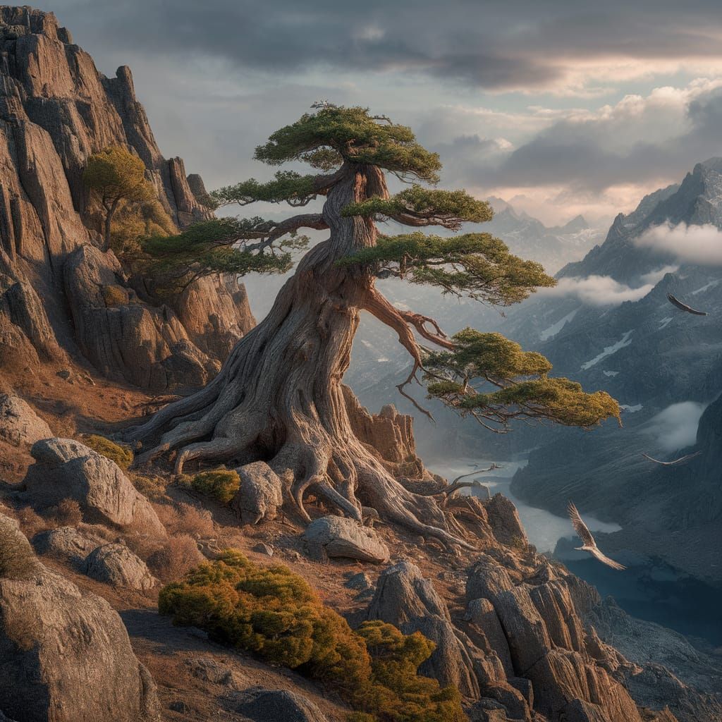 Majestic Bonsai Tree on Mountain Cliff