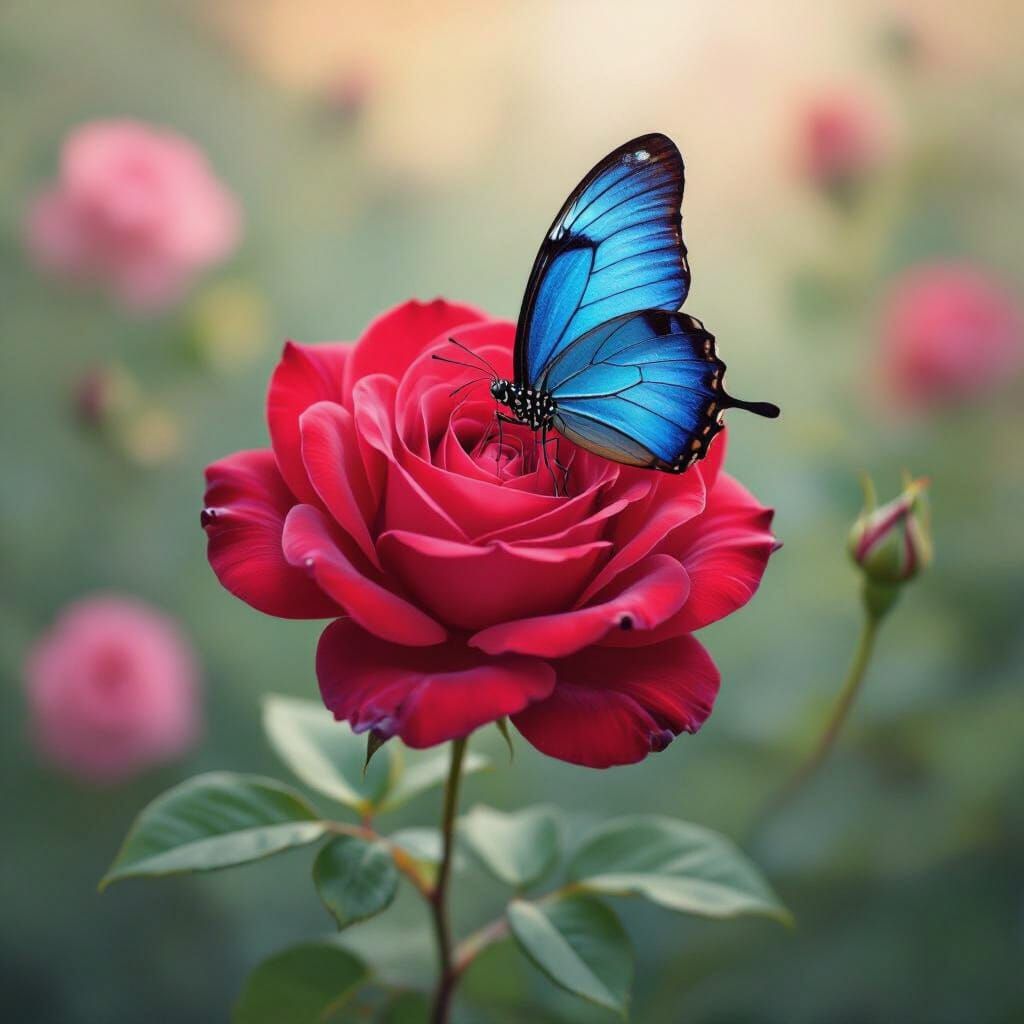 Red Rose with Blue Butterfly in Art Nouveau Style
