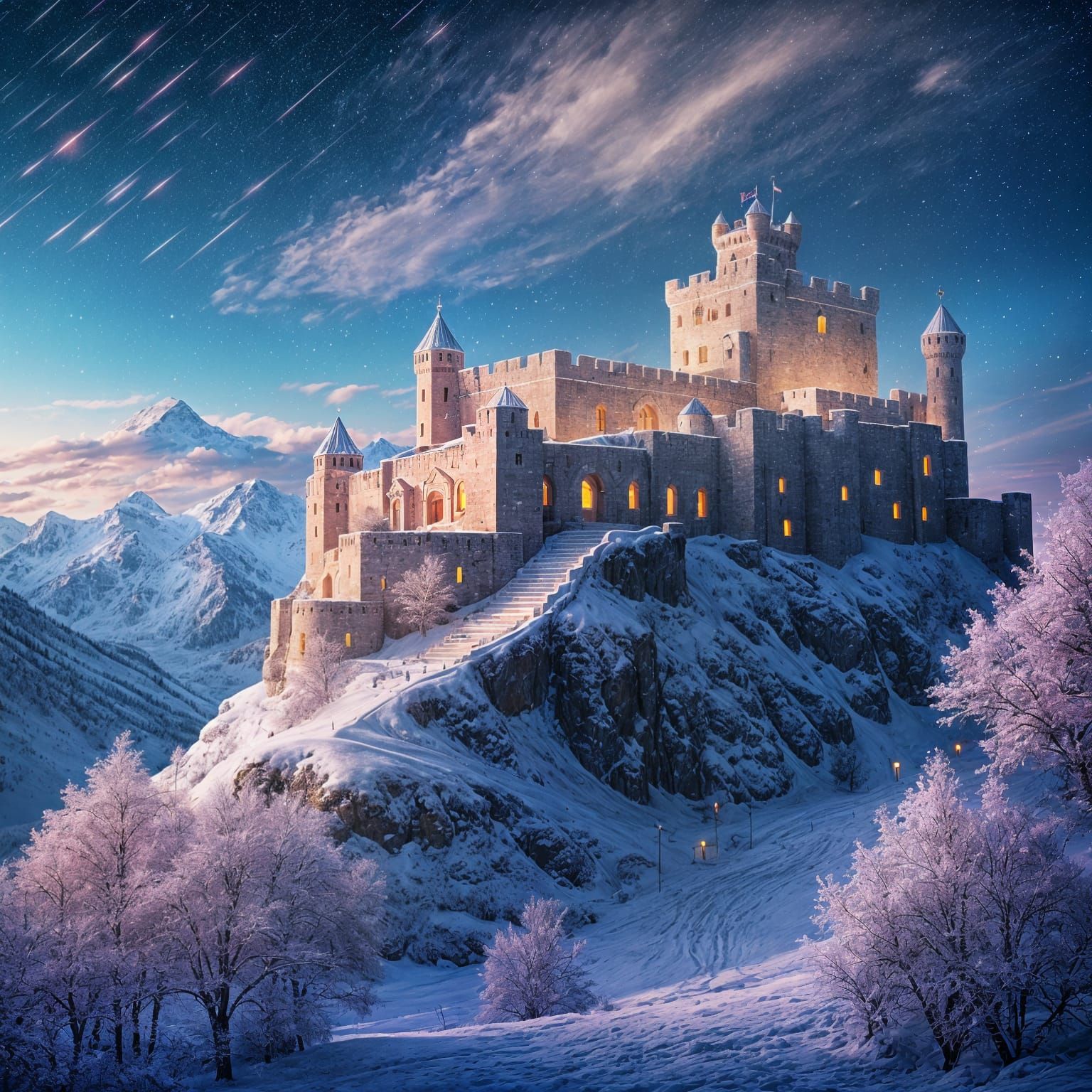 Greek Castle Under Aurora Sky