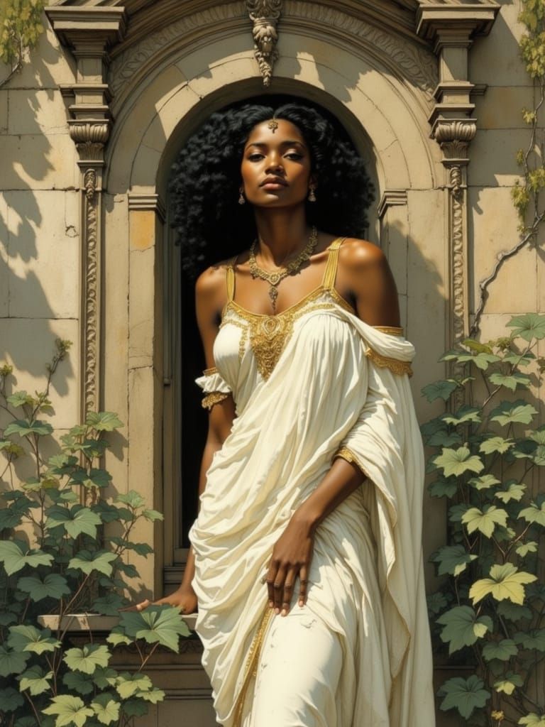 Desi Woman in Roman Villa Gazes Out Window