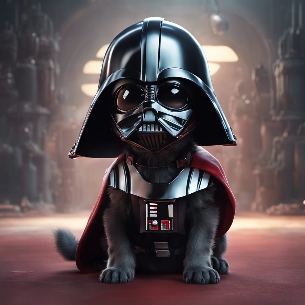 Adorable Puppy in Darth Vader Helmet, Detailed Art