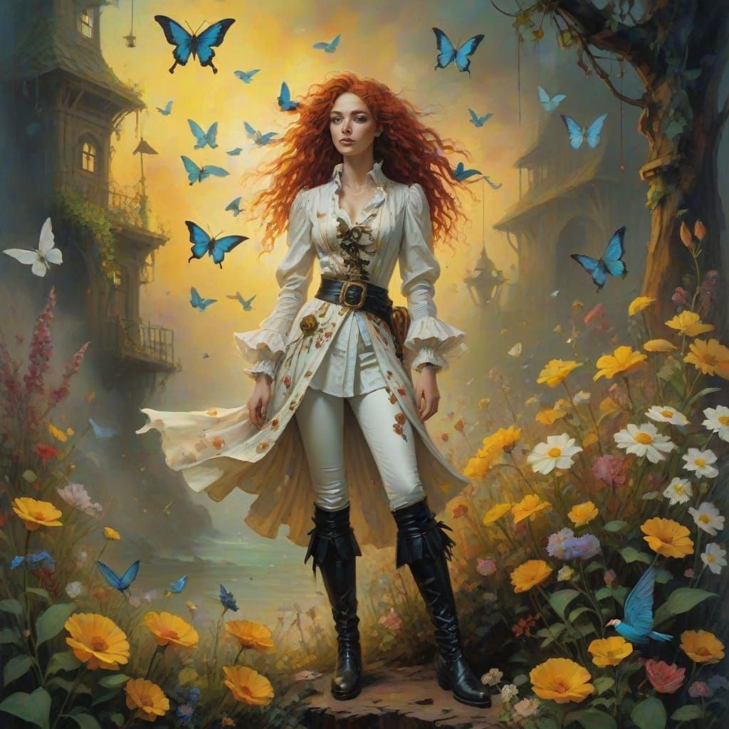 Surreal Woman in Pirate Shirt Surrounded by Birds