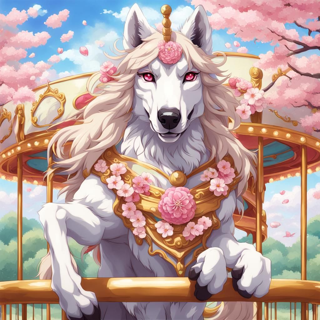 Anthro Wolf with Sakura on Carousel Horse, Anime Art