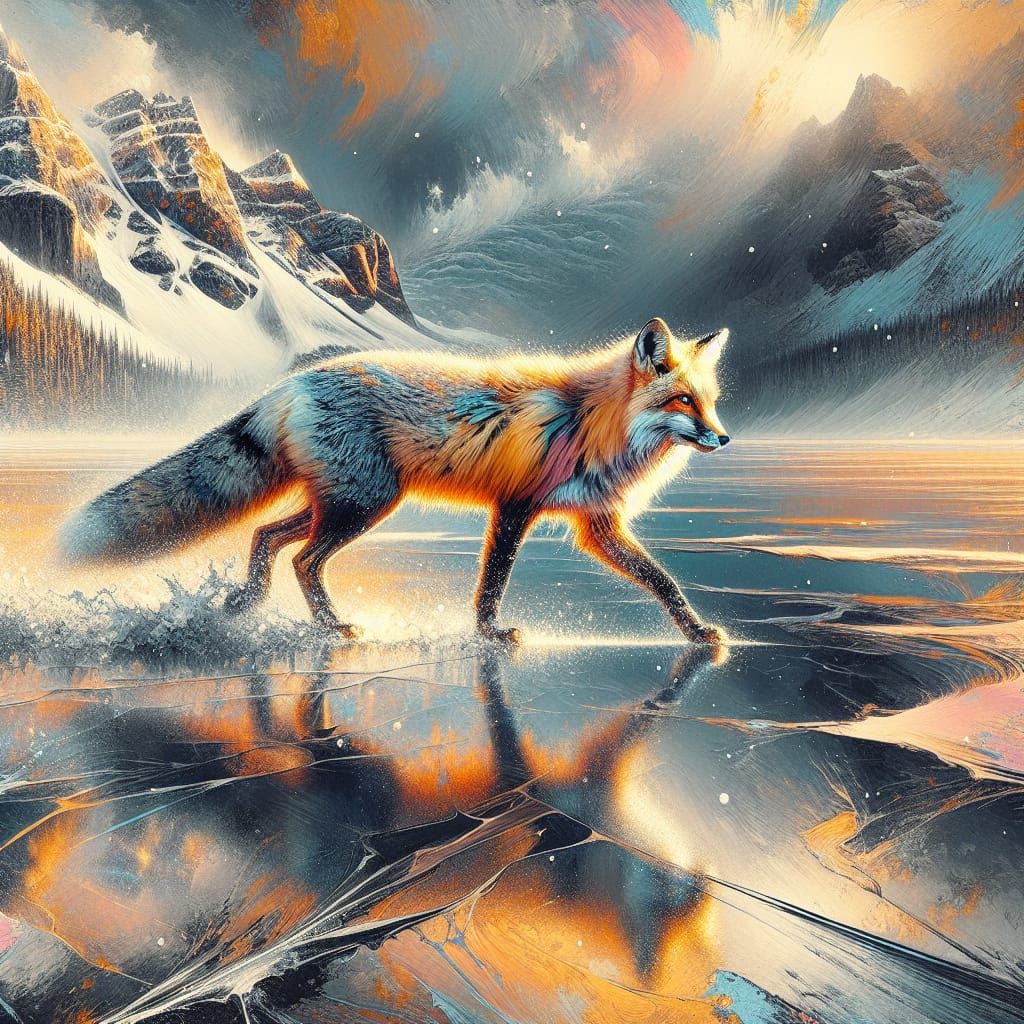 Fox on Frozen Lake in Blizzard with Gold Paint Strokes