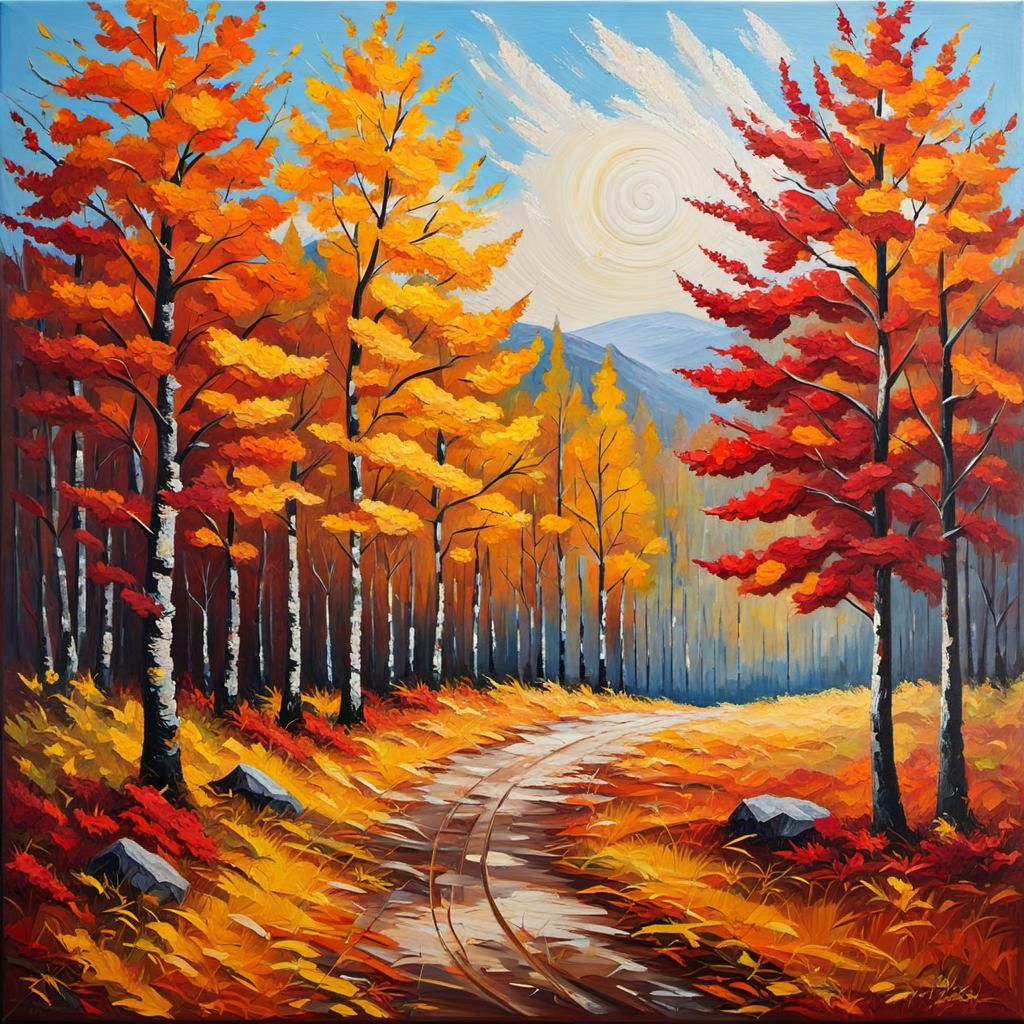 Autumn Landscape Impasto Painting with Tactile Texture