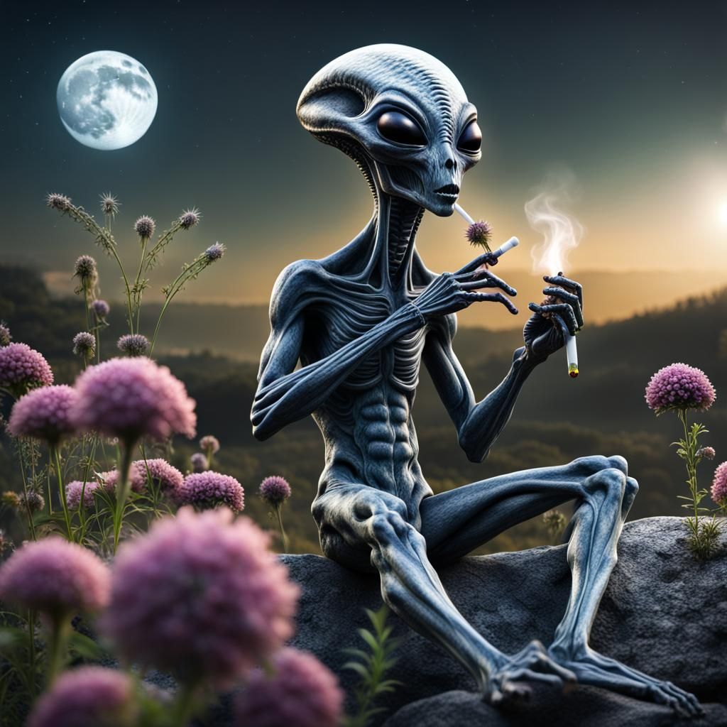 Alien Smoking Joint in Field of Flowers