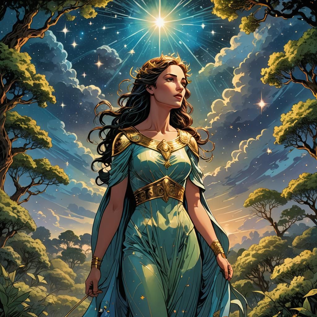 Goddess Gazing at Stars in Digital Comic Art