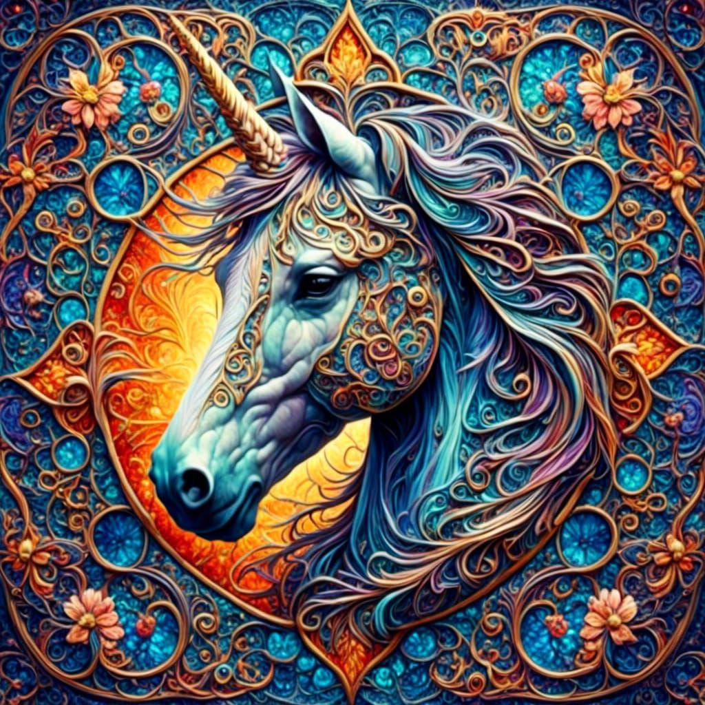 Stained Glass Unicorn with Fractal Mandala Patterns